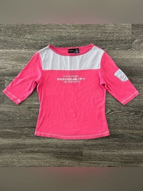 Vintage 90s Y2K Xhilaration Hot Pink Top Silver Glitter Grey Mesh 3/4 Sleeve M